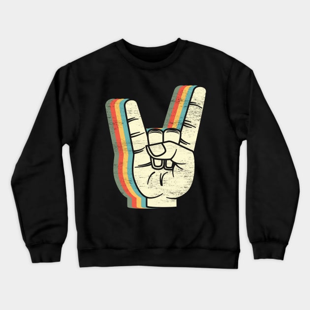 Rock On: Groovy Retro-Colored Rock And Roll Hand Sign for Music Lovers Crewneck Sweatshirt by TwistedCharm